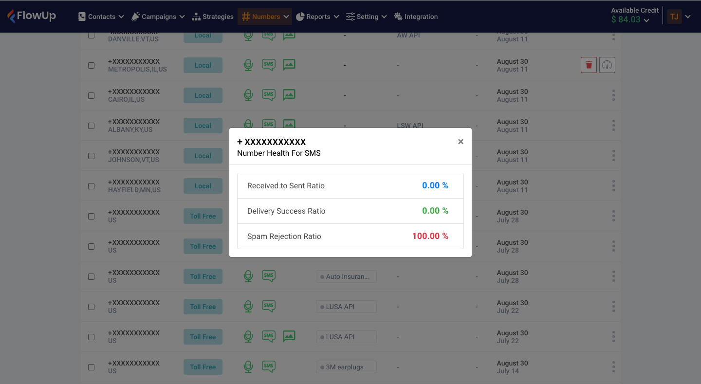 Ability to check the Health status of Numbers purchased